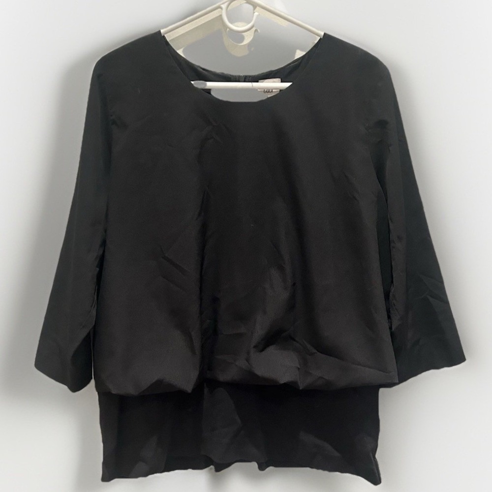 Women's Large Black Cabo Zip Back 3/4 Sleeve Blouse Round Neck Solid